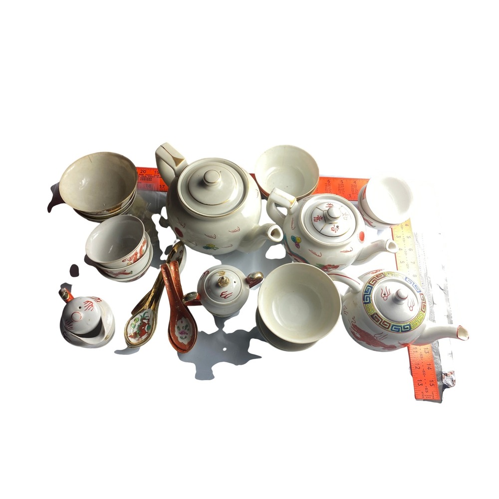 Vintage Chinese Dragon Porcelain Tea Set 18pc Teapots Cups Saucers Spoons White